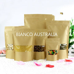 Kraft Paper Stand Up Bags, Plastic Lined, With Rectangle Winow, Zip Lock, Various Sizes ( From 28g to 1KG )