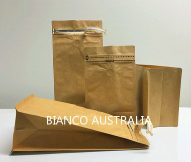 500g Box Bottom Coffee Pouch, Kraft Paper, Foil Lined, With Valve and Tear Off Zip Lock