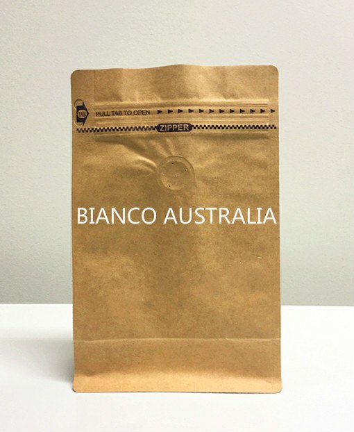 250g Box Bottom Coffee Pouch, Kraft Paper, Foil Lined, With Valve and Tear Off Zip Lock