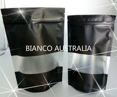 150g Stand Up Pouch, Matte Black with Frosted rectangle window , Plastics Lined, With Zip Lock (H210*W130+B80 mm)