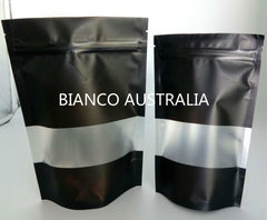 70g Stand Up Pouch, Matte Black with Frosted rectangle window , Plastics Lined, With Zip Lock (H170*W110+B60 mm)