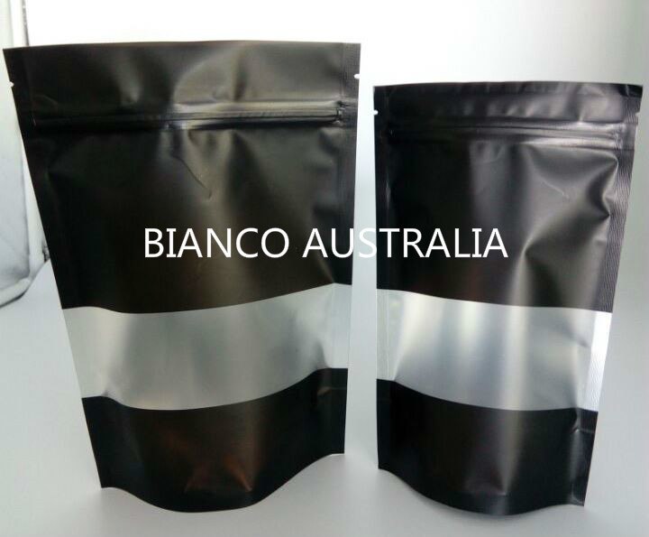250g Stand Up Pouch, Matte Black with Frosted Rectangle Window, Plastics Lined, With Zip Lock, No Valve (H230*W160+B90 mm)