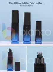 Une gamme de pots et de bouteilles en verre au fini bleu mat avec bouchon à vis ou pompe à lotion (couleur progressive ; pot : 50 g ; bouteille : 40 ml/110 ml/125 ml).