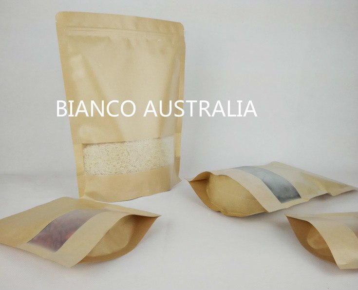 2KG Stand Up Pouch, Kraft Paper, Plastic Lined, With Rectangle Window and Zip Lock, No Valve (H400*W300+B120 mm)