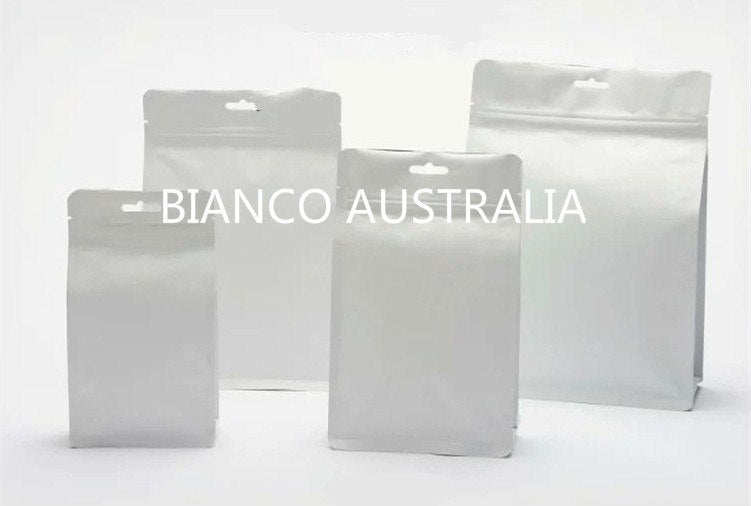 White Kraft Paper Box Bottom Bags, Eight Side Seal, Foil Lined - Rectangle Window